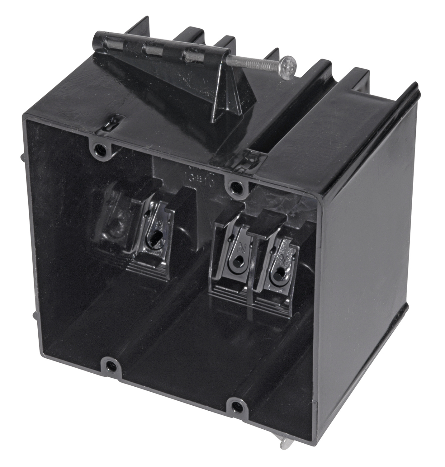 Two-Gang Nail-On Outlet Box, Volume 34 Cubic Inches, Length 3-3/4 Inches, Width 4 Inches, Depth 3-3/32 Inches, Color Brown, Material Phenolic, Mounting Means Angled Side Nails