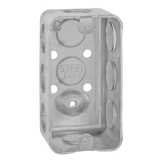 One Gang Utility Box, 13.0 Cubic Inches, 4 Inches Long x 2-1/8 Inches Wide x 1-7/8 Inches Deep, 1/2 Inch Knockouts, Pre-Galvanized Steel, Drawn Construction, For use with Conduit