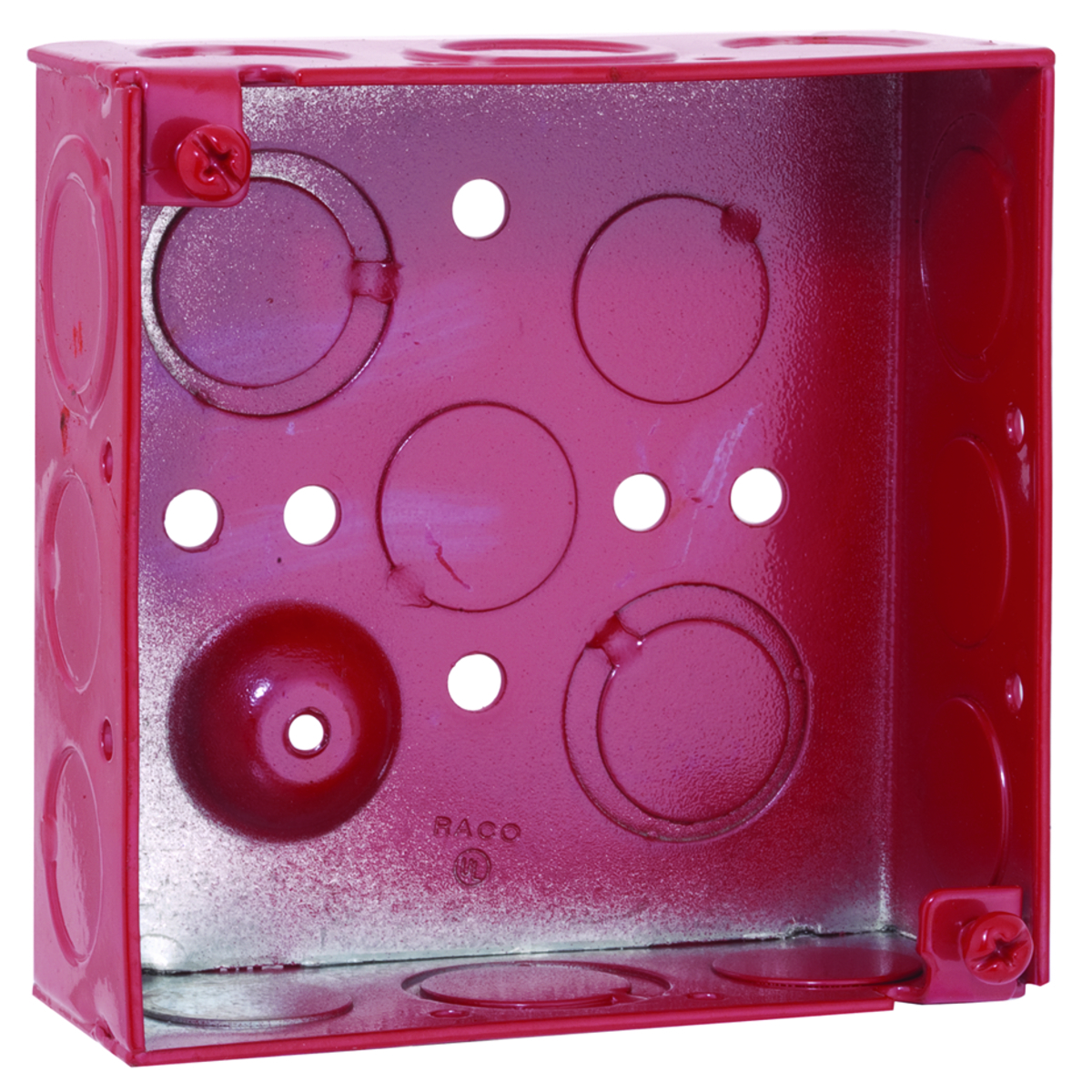 4 in. Life Safety Square Box, Welded, 1-1/2 in. Deep, Ten 1/2 in. KO'sand Six TKO's, Red