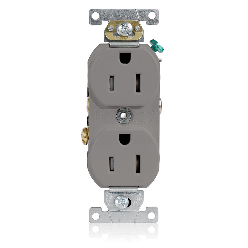 15 Amp, 125 Volt, NEMA 5-15R, 2P, 3W, Tamper Resistant, Narrow Body Duplex Receptacle, Straight Blade, Commercial Grade, Self Grounding, Back & Side Wired, Steel Strap, - GRAY