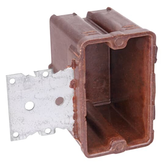 Single-Gang Bracket Outlet Box, Volume 18 Cubic Inches, Length 3-5/8 Inches, Width 2-1/4 Inches, Depth 2-3/4 Inches, Color Brown, Material Phenolic, Mounting Means 3/8 Inch Offset Bracket for Wood or Steel Studs