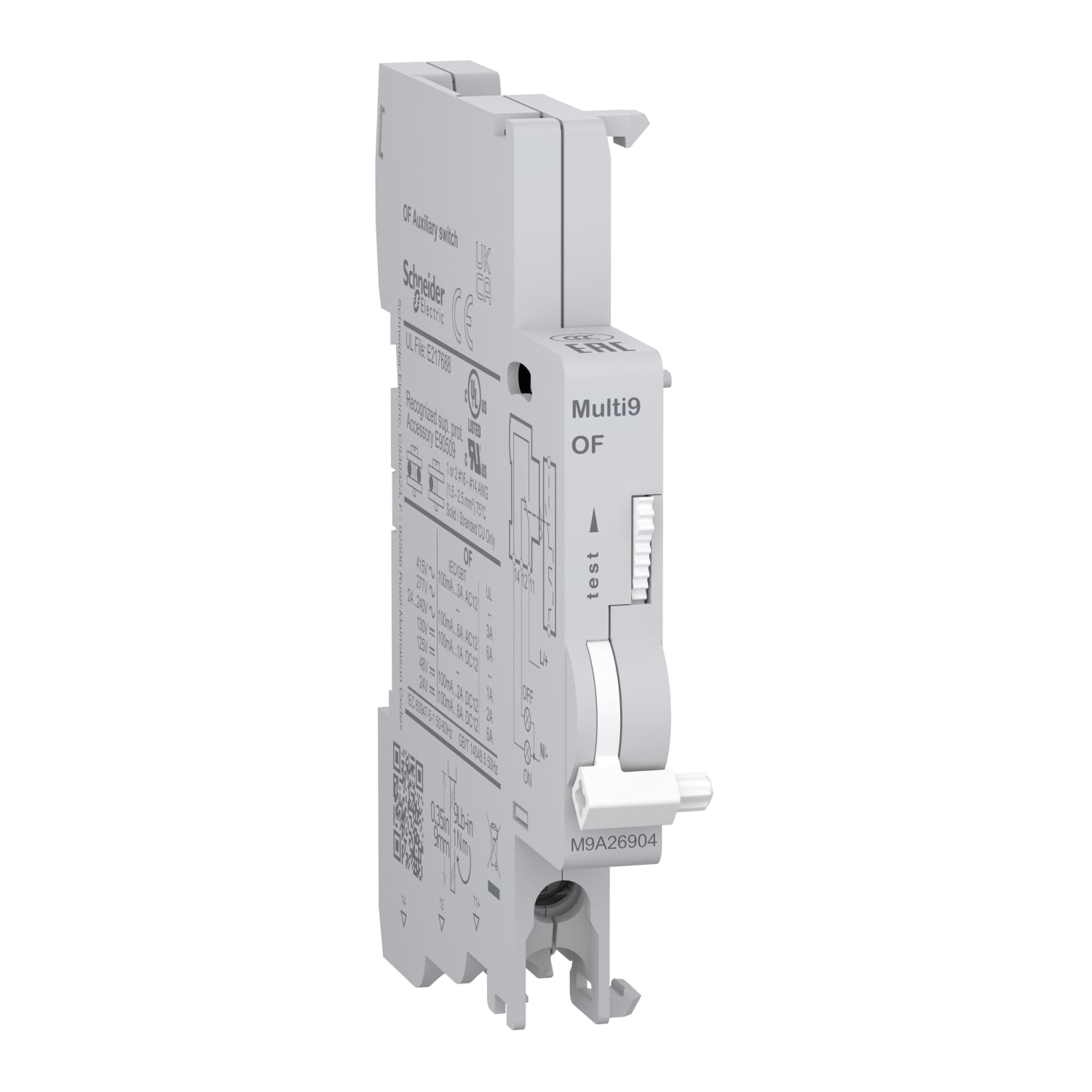 Auxiliary contact, Multi9 M9A, OF, 1 C/O, 100mA to 6A, 24VAC to 415VAC, 24VDC to 130VDC, bottom connection