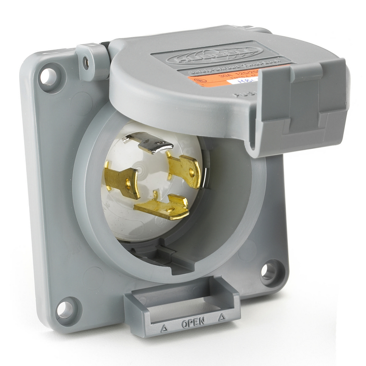 Locking Devices, Twist-Lock, Industrial, Reversed Service Flanged Inlet, 30A 125/250V, 3-Pole 4-Wire Grounding, L14-30P, Screw Terminal, Gray.