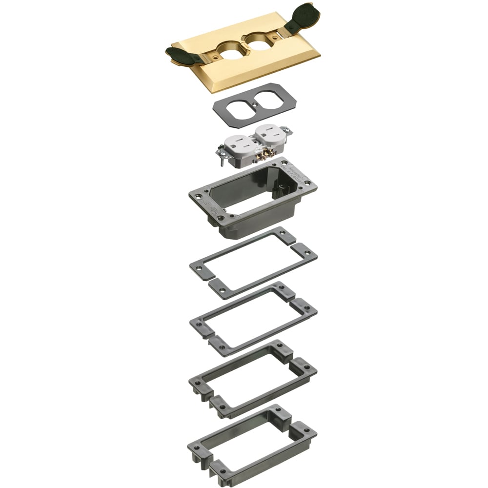 Trim kits for Arlington's Metallic concrete floor boxes. Brass. Flip Lid.