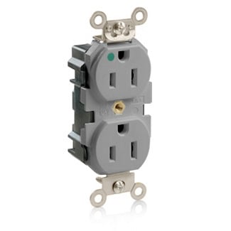 15 Amp, 125 Volt, Wide Body Duplex Receptacle, Straight Blade, Hospital Grade, Self Grounding, Gray