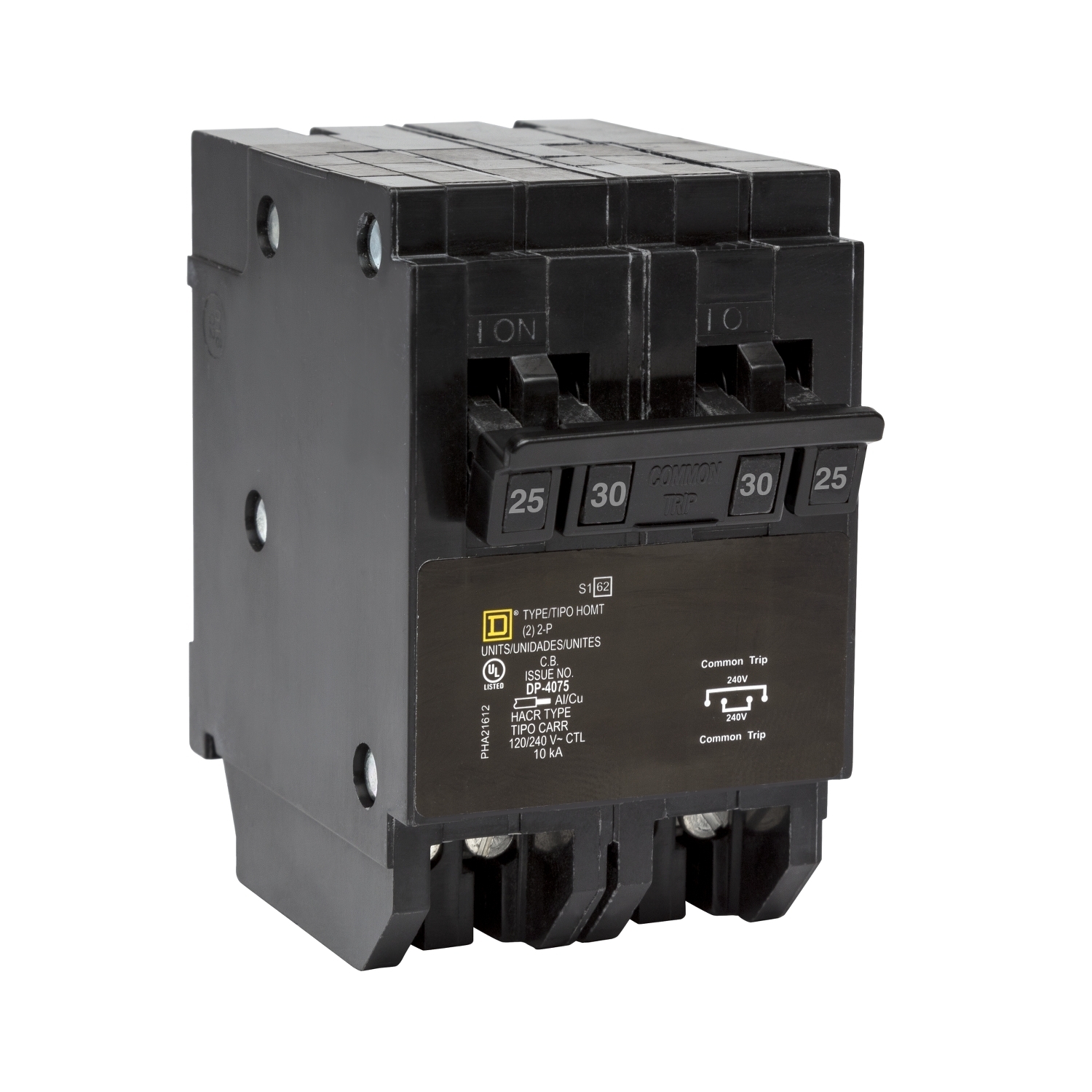 HOMT225230 Homeline Quad tandem circuit breaker, Homeline, 1 x 2 pole at 25A, 1 x 2 pole at 30A, 120/240VAC, 10kA AIR, plug in, UL