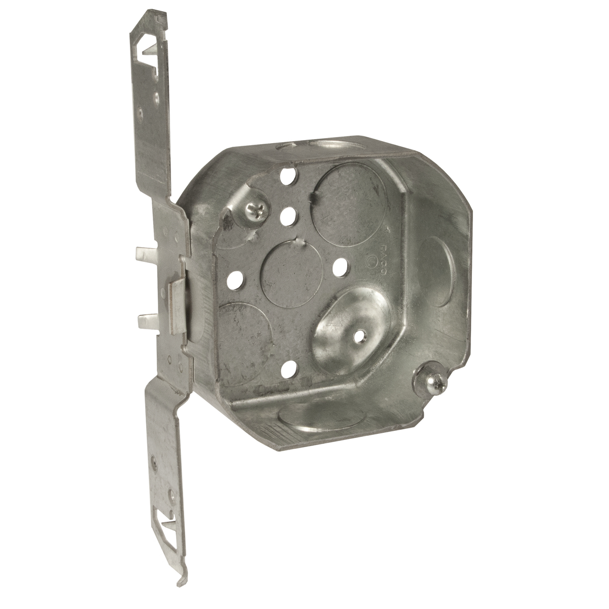 4 In. Octagon Box, 1-1/2" Deep - Drawn with Conduit KO's, Raised Ground,TS Bracket, 1/2 In. Setback