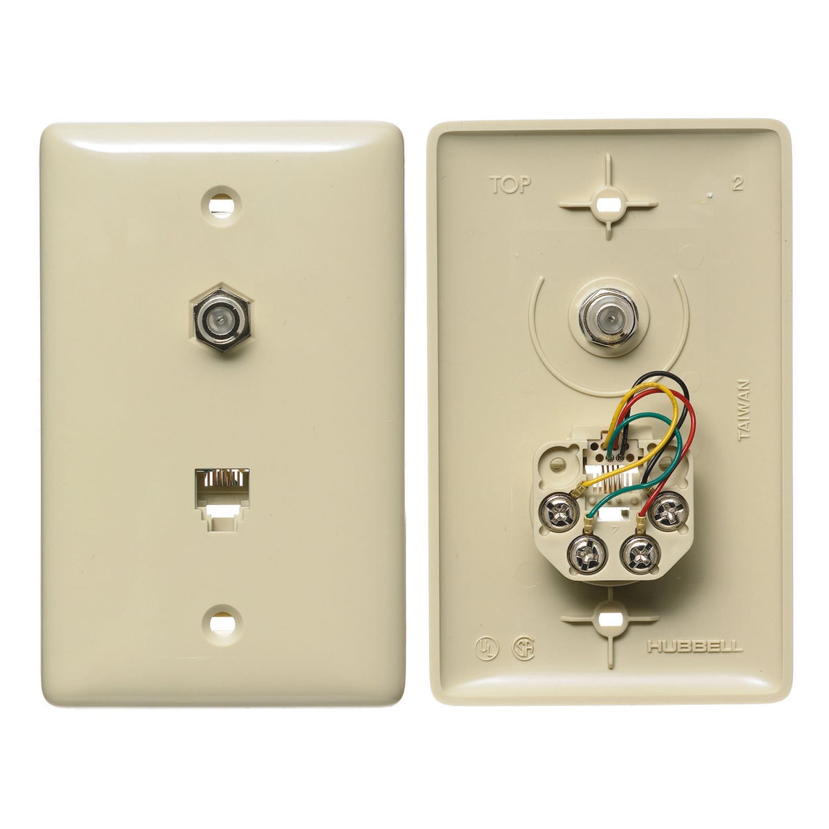 Plates, 1-Gang, With F Connector, Jack, 6-Position 4-Conductor, Screw Terminal, Electric Ivory