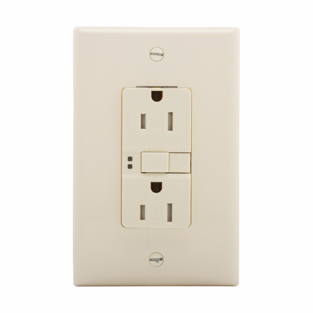 Eaton GFCI receptacle,Tamper resistant,Mid-size wallplate,Self-test,#14 - 10 AWG,15A,Residential,Commercial,Flush,125 V,Back and side wire,White,Brass,Tamper resistant,Polycarbonate,5-15R,Two-pole,Three-wire,Two-pole, three-wire, grounding