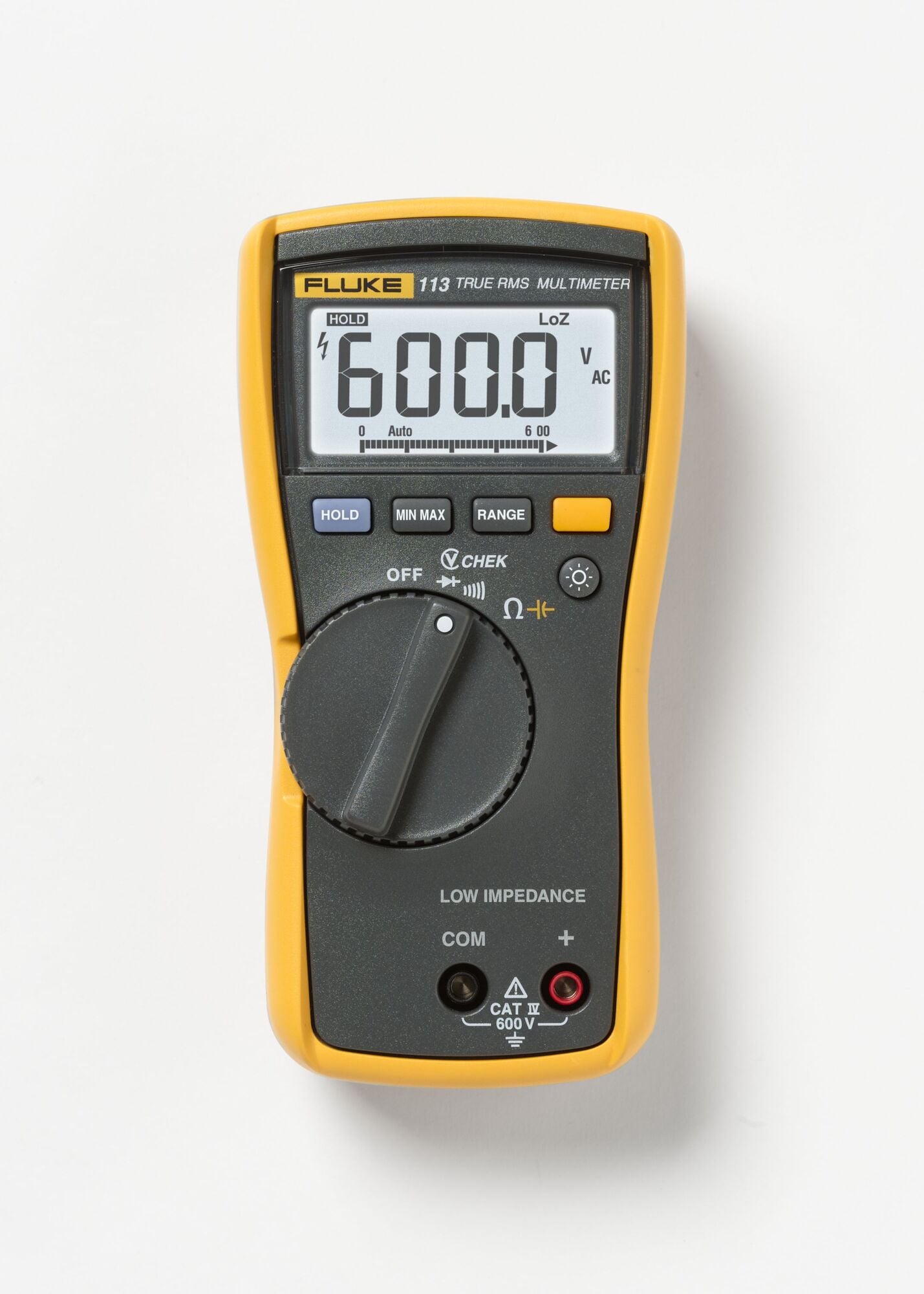 1-rms Digital Multimeter designed for basic electrical tests. The Fluke 113 Digital Multimeter gives users the means to quickly and easily do basic meter set and reconnect testing. This meter is simple-to-use and has the features needed to repair most electrical problems. The Fluke 113 has significant improvements over other digital multimeters available on the market, including Fluke model 7-600. Using the Fluke VCHEK LoZ low impedance measurement function, users can simultaneously test for voltage or continuity. The Min/Max function lets you record signal fluctuations. The Fluke 113 can perform diode tests, and also provides both auto and manual ranging capabilities. With features such as conformance to the latest safety standards, backlight, and a much larger display thats easier to view, this meter is a must have for every toolbox.