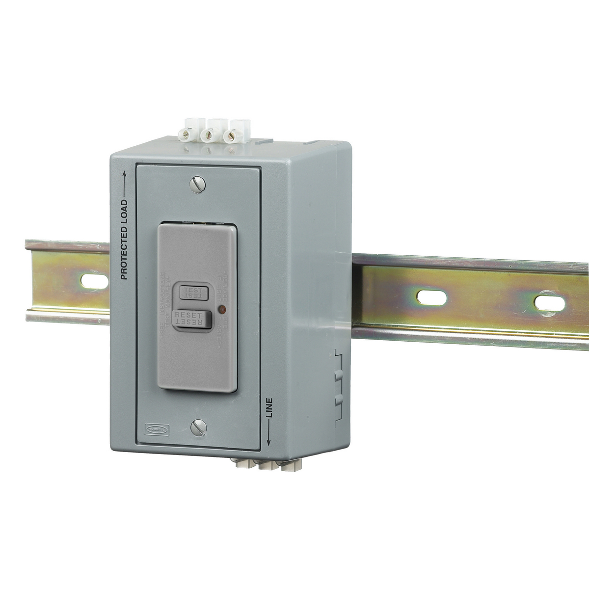 DIN Rail Utility Box, Complete Unit- GFCI, with Aux Contact, DIN Rail Box, 20A Blank Face GFCI, Gray.