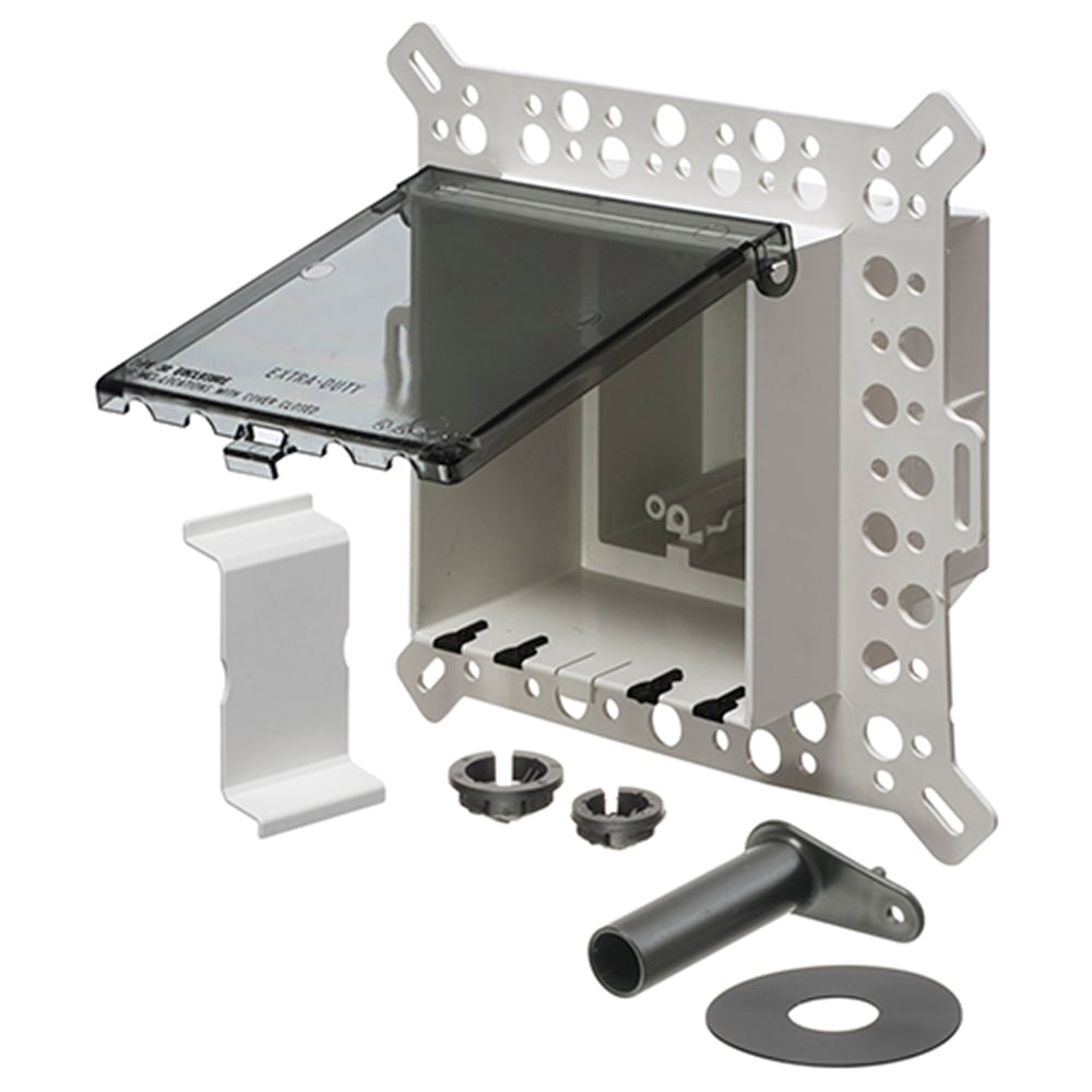 Low Profile Inbox for new construction for stucco, textured and rigid siding. Vertical with weatherproof while in use. Extra Duty clear cover. Two gang.