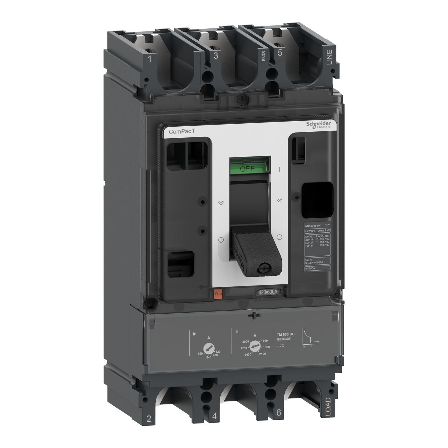 Circuit breaker, ComPacT NSX630S DC, 100kA/750VDC, 3 poles, TM-DC trip unit 600A