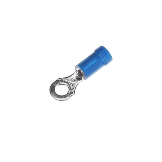 Vinyl Insulated Ring Terminal, Length .97 Inches, Width .31 Inches, Maximum Insulation .170, Bolt Hole #8, Wire Range #18-#14 AWG, Color Blue, Copper, Tin Plated, 1,000 Pack