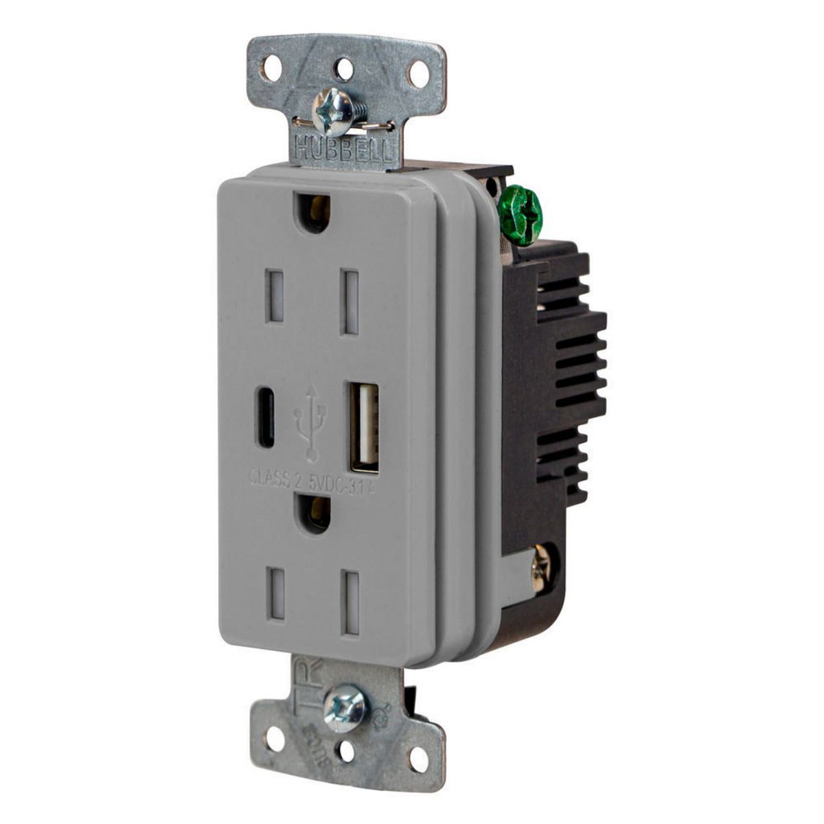 USB Charger Duplex Receptacle, 15A 125V,2-Pole 3-Wire Grounding, 5-15R, 1) 3.1 A "C" USB and "A" Ports, Gray