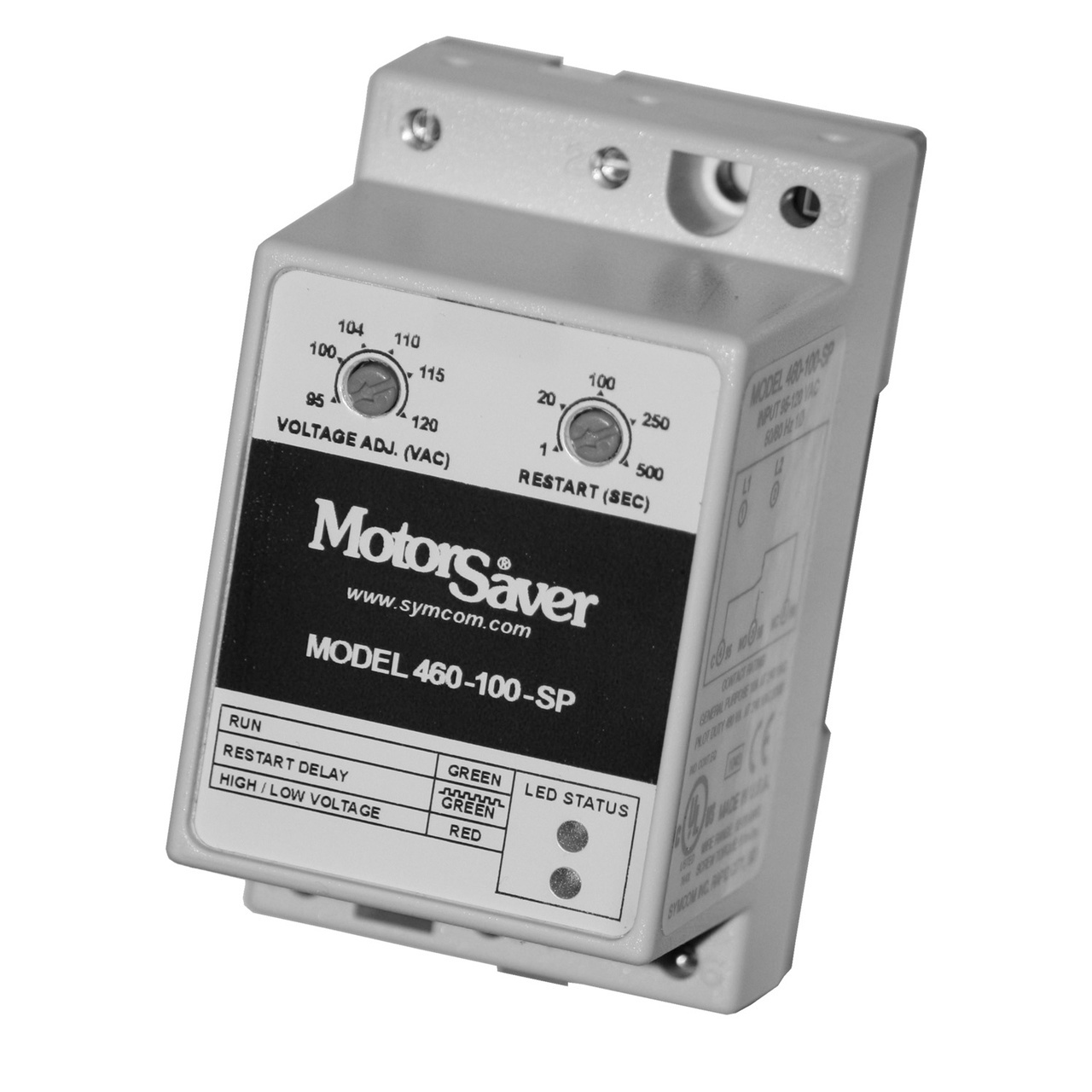The 460-100-SP is used on 95-120VAC, 50*/60Hz single-phase motors and the 190-240VAC, 50*/60Hz single-phase motors to protect them from damaging high and low voltage conditions. An adjustment knob allows the user to set a 1-500 second restart delay. The variable restart delay is also a power-up delay and can be utilized to stagger-start motors on the same system. A unique microcontroller-based, voltage-sensing circuit constantly monitors the voltage to detect harmful power line conditions. When a harmful condition is detected, the relays output relay is deactivated after a specified trip delay. The output relay reactivates after power line conditions return to an acceptable level and a specified amount of time has elapsed (restart delay). The trip delay prevents nuisance tripping due to rapidly fluctuating power line conditions.