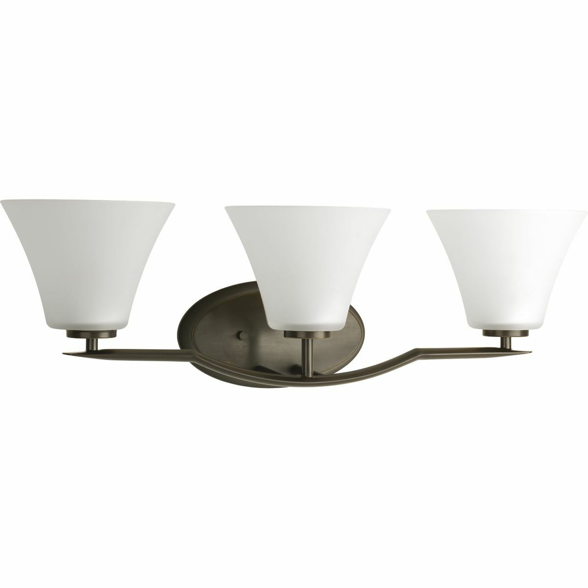 Three-light bath finished in Antique Bronze with etched glass shades scaled across a slightly arching, pointed arm. Generously balanced glass shades add distinction and provide pleasing illumination to your room. Coordinating fixtures from this collection let you decorate an entire home with confidence and style.