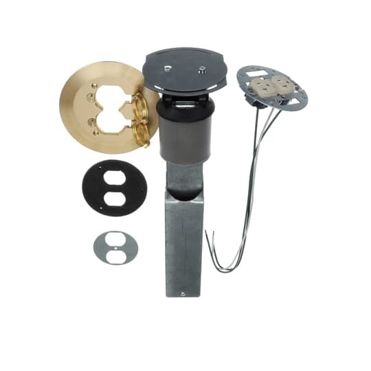 Poke-Through Flush Base Unit, 3 Inch Drill Size, 16 Inch Length, 1/2 Inch and 3/4 Inch Knockouts, Galvanized Steel, with Brass Cover with 5-3/4 Inch Diameter