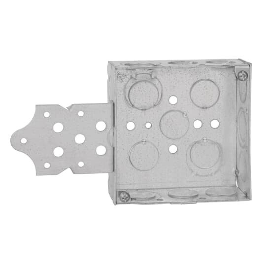 Square Box, 21 Cubic Inches, 4 Inch Square x 1-1/2 Inch Deep, 1/2 Inch and 3/4 Inch Knockouts, Pre-Galvanized Steel, with B Bracket Mounted Flush, For use with Conduit