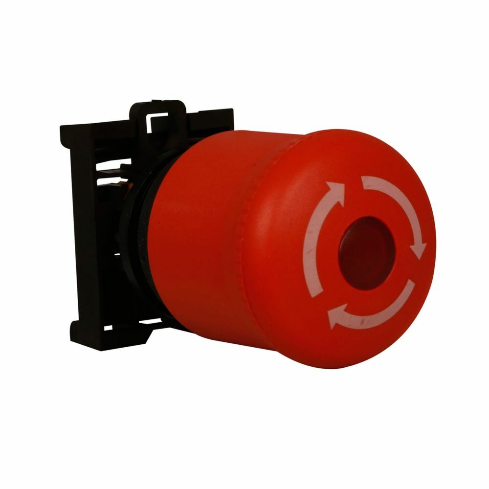 Eaton M22 Twist-To-Release Emergency Stop, Complete Device, 22.5 mm, Knob, Maintained, Illuminated, Bezel: Silver, Button: Red, 1NO-2NC, IP67, IP69K, NEMA 4X, 13, 12-30 Vac/dc