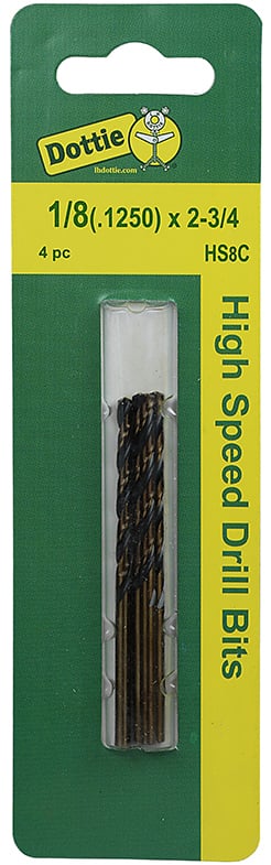 High Speed Drill, M2 grade, Steel material, Black/Gold finish, Split Point Type, 135 DEG Split drill point, 1/8 in. fractional size, 2-3/4 in. overall length, 3/16 in. shank diameter, Carded 4 pieces