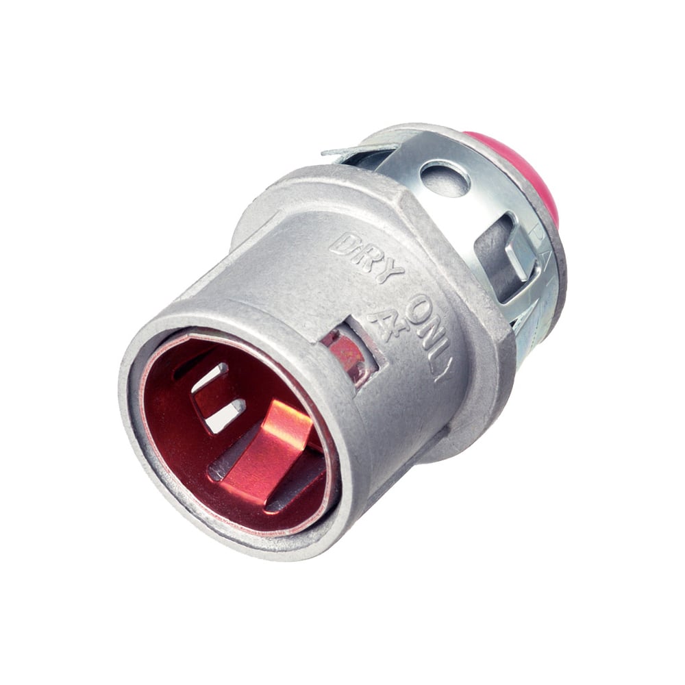 Zinc die-cast, 1/2" Knockout MC cable connector snaps quickly on to the conduit with an internal spring steel clip and then snaps into knockout with external spring steel clip, no tools required. Concrete tight when taped. Red tinted internal clip indicates easier insertion of conduit and comes with Insulated throat. With rectangular end stop.