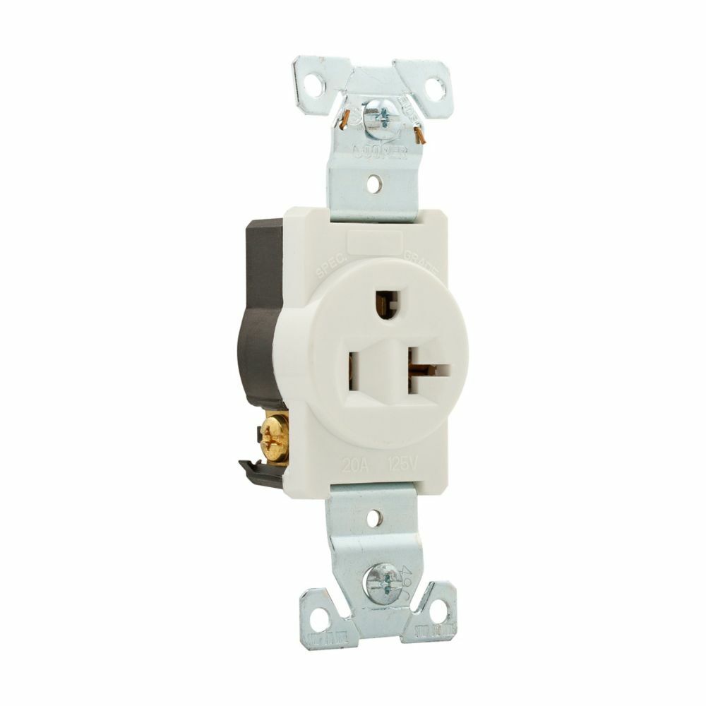 Eaton Arrow Hart extra heavy-duty industrial specification grade single receptacle, #14-10 AWG, 20A, Industrial, Flush, 125V, Back and side, White, Brass, Nylon, 5-20R, Single, Screw, Nylon, Core pack