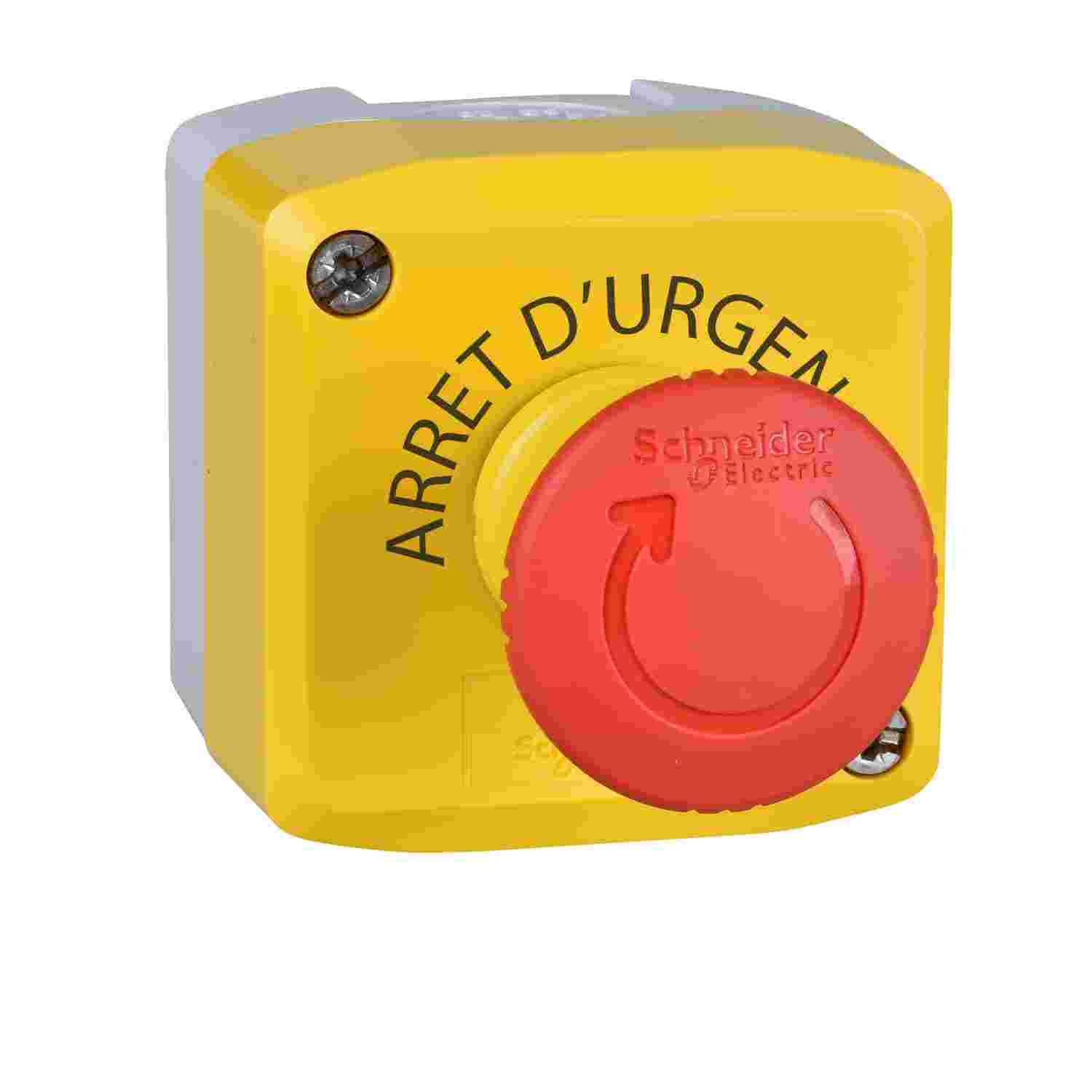 Control station, Harmony XALK, XALD, plastic, yellow lid, 1 red mushroom push button 40mm, turn to release, 1NO+2NC
