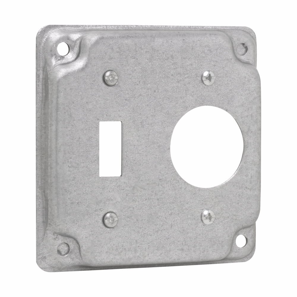 Eaton Crouse-Hinds series Square Surface Cover, 4", Raised surface, Steel, For one toggle switch and one single receptacle 1-13/32" diameter, 5.5 cubic inch capacity