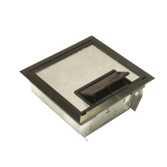 Three Compartment Raised Access Floor Module, 150 Cubic Inches, Floor Cut Out Length 7-15/16 Inches, Width 7-15/16 Inches, Cover Size Length 7-5/8 Inches, Width 7-5/8 Inches, Depth 4 Inches, Galvanized Steel with Balck Cover