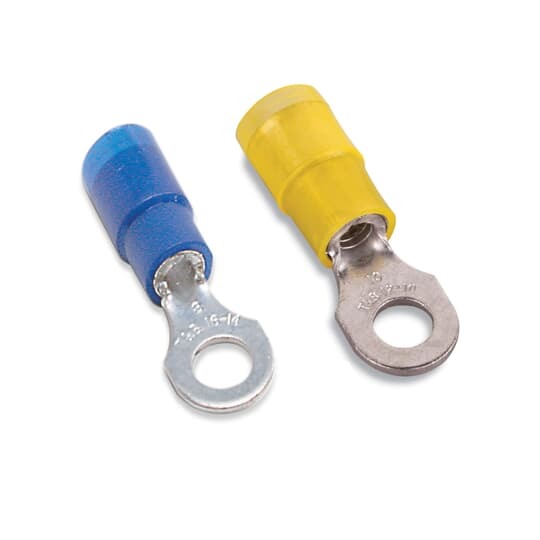 Nylon Insulated Expanded Entry Ring Terminal, Length .80 Inches, Width .26 Inches, Maximum Insulation .190, Bolt Hole #4, Wire Range #18-#14 AWG, Color Blue, Copper, Tin Plated