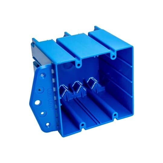 Double Gang Multipurpose Electrical Box, Volume 48 Cubic Inches, Length 3-5/16 Inches, Width 4-1/32 Inches, Depth 3-13/16 Inches, Color Blue, Material PVC, Mounting Means Side Flange, Internal Screws