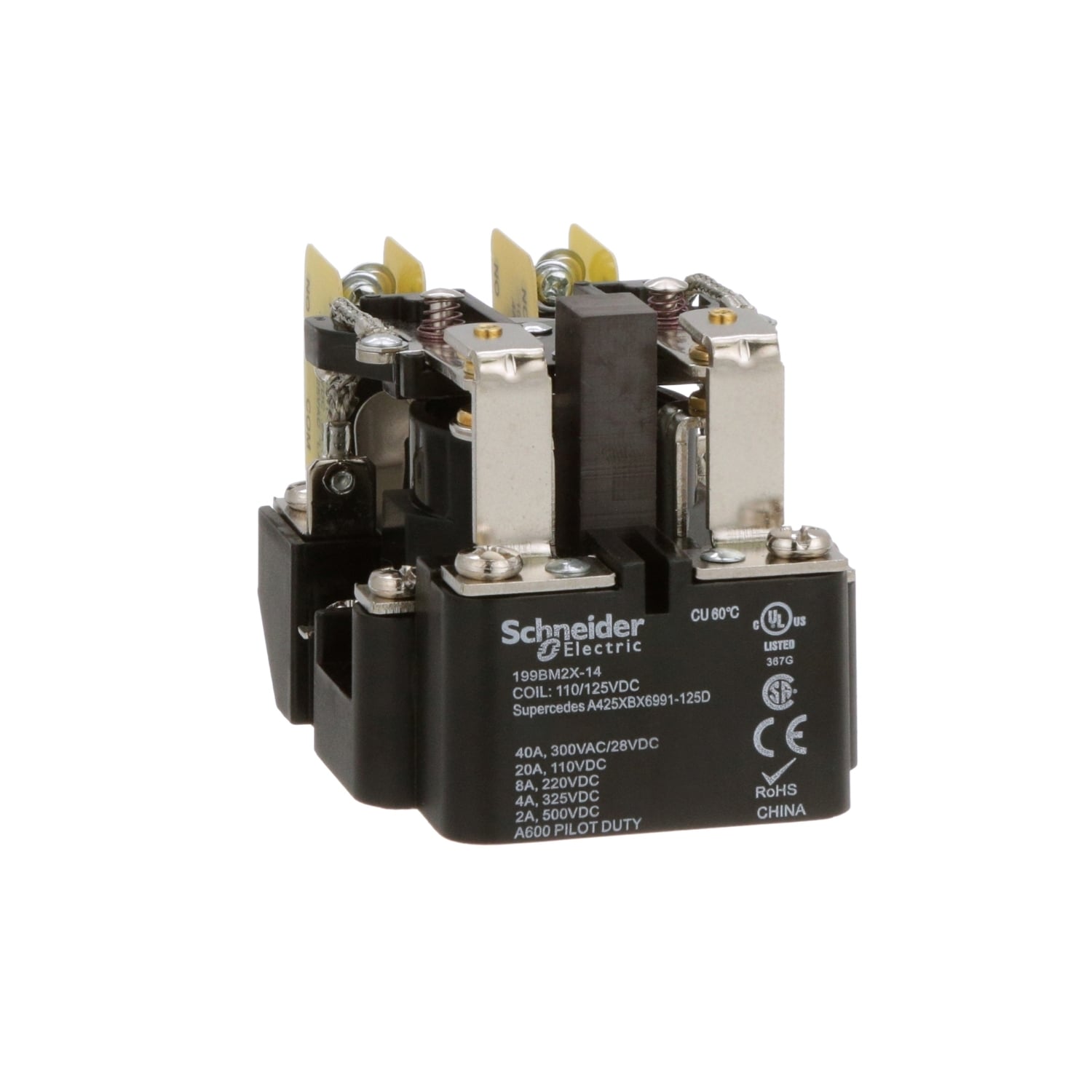 Power relay, SE Relays, DPDT, 40A, 120 VDC, magnetic blowout, auxiliary switch, open type