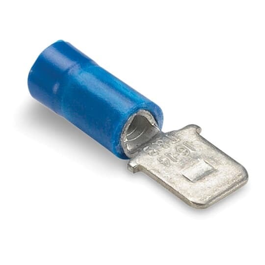 Vinyl Insulated Male Tab, Length .95 Inches, Maximum Insulated .170, Tab Size .250x.032, Wire Range #16-#14 AWG, Color Blue, Copper, Tin Plated, 1,000 Pack