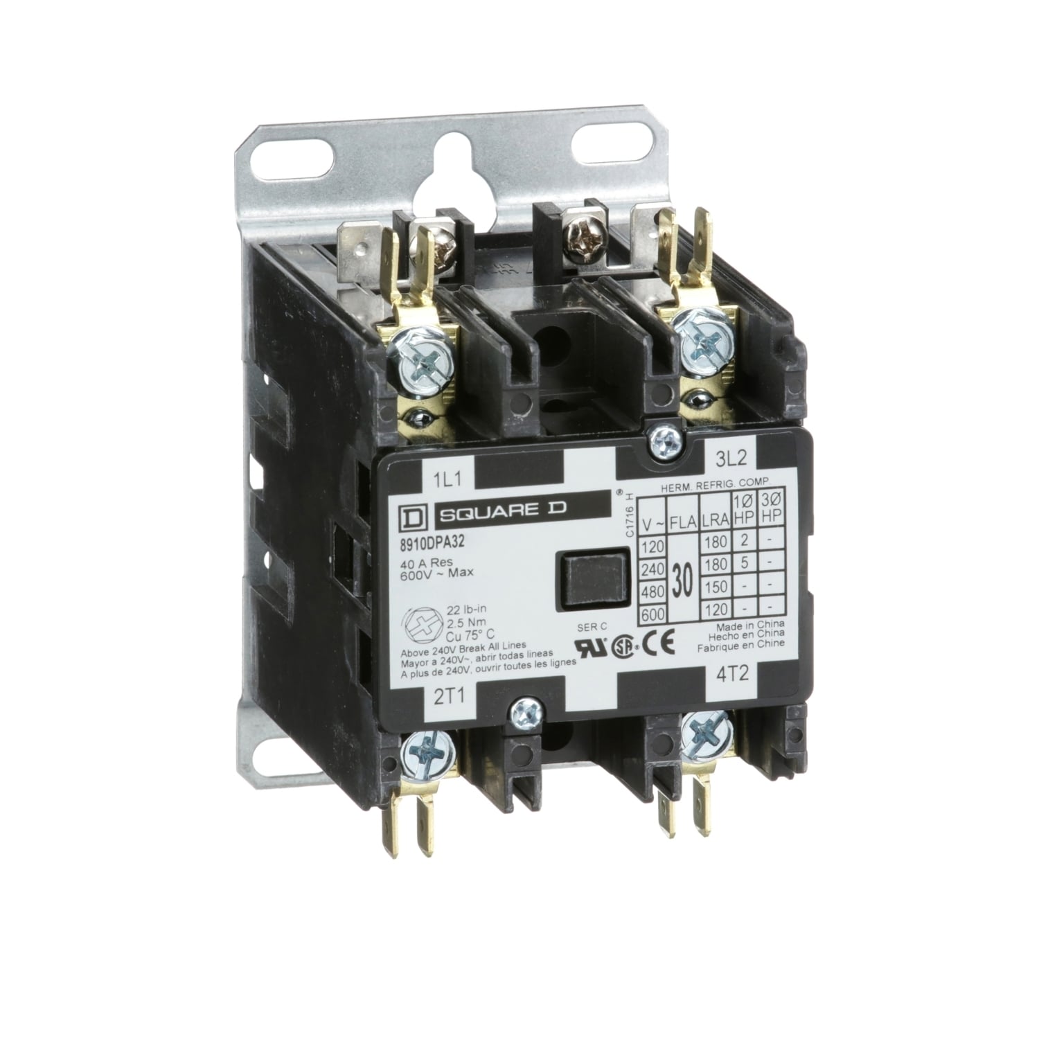 Contactor, Definite Purpose, 30A, 2 pole, 5HP at 230VAC, 1 phase, 440/480VAC 50/60Hz coil, open