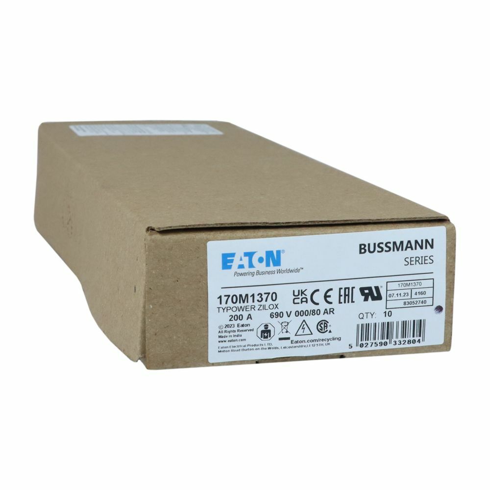Eaton Bussmann series high speed square body fuse, 700V (UL), 690V (IEC), 200A, 200 kAIC, Top fuse status indicator, Fuse, Blade end X blade end, Class aR, DIN 43 620 - 170M1370