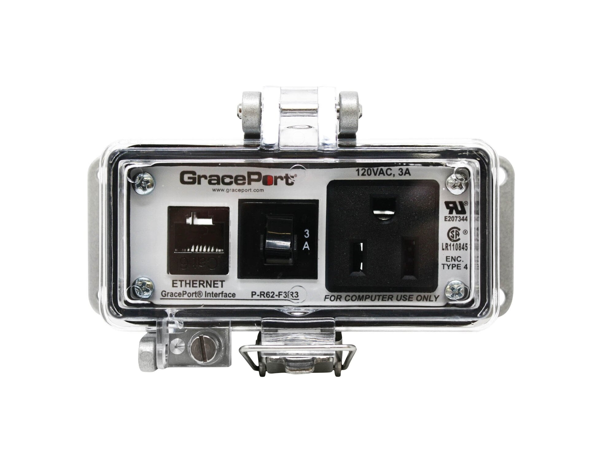 PANEL INTERFACE CONNECTOR WITH CATEGORY 6 ETHERNET BULKHEAD, PANEL MOUNT HOUSING, UL TYPE 4, SIMPLEX OUTLET, 3 AMP CIRCUIT BREAKER