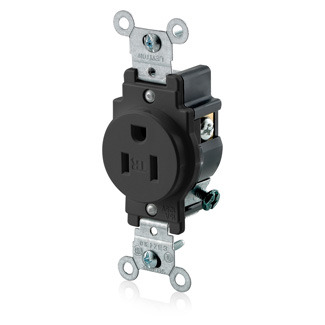 Commercial Grade, Grounding, 15 Amp, 125 Volt, 2P, 3W, Narrow Body Single Receptacle, Straight Blade, Tamper Resistant, Black