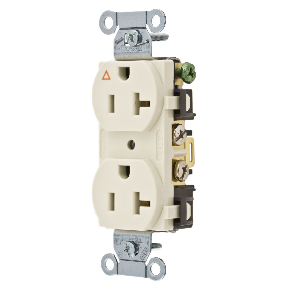 Straight Blade Duplex Receptacle, Isolated Ground, Commercial Grade, 2-Pole 3-Wire Grounding, 20A 125V, 5-20R, Back and Side Wired