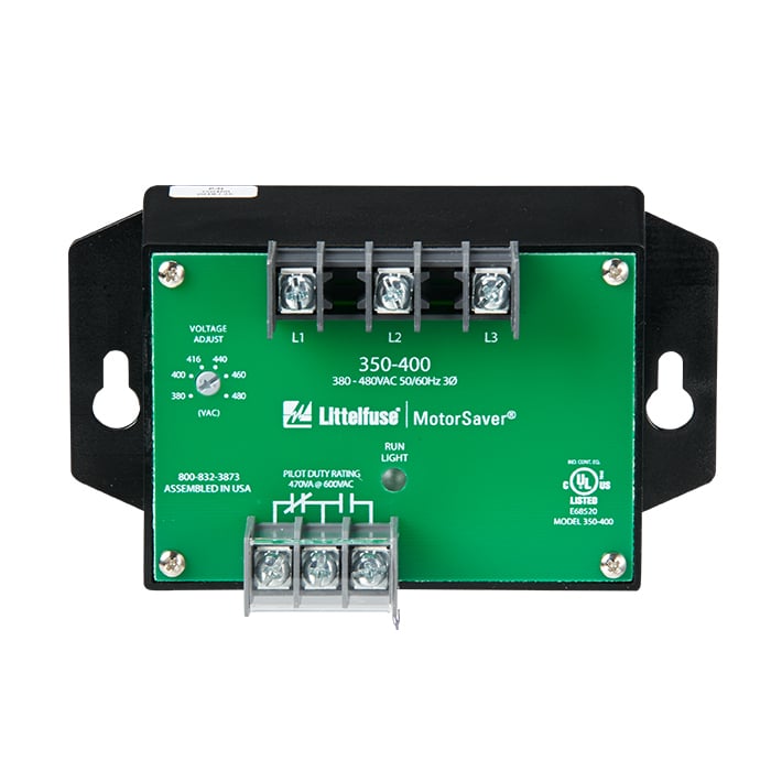 3PH VM/380-480V/adj.RD/DPDT 480V Relay. The 350 is a heavy-duty voltage monitor. This product should be used when high current relays or dual contacts are required, or 480V controls are used. Since the 350 uses heavy-duty relays, it comes in fixed voltage range models rather than a dual autoranging version like the Model 250. The 350-200 has a 15A general purpose contact. The 350-400 provides a SPDT (Form C) relay rated to switch up to 600V, allowing the use of 480V controls, eliminating the need for a control power transformer to step the voltage down to 120-240V. Several DPDT (two Form C contacts) relay models are also available. The 350 microcontroller-based family of products are low cost yet highly advanced solutions to heavy-duty problems. The 350 includes advanced single LED diagnostics. Five different light patterns distinguish faults and normal operating conditions. Other options such as high voltage trip and adjustable restart delay are available.