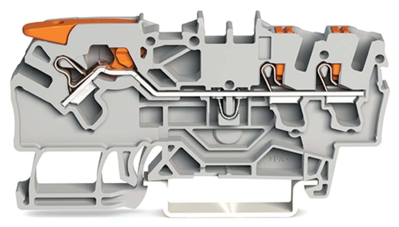 3-conductor through terminal block; with lever and push-button; 2.5 mm; with test port; suitable for Ex i applications; side and center marking; for DIN-rail 35 x 15 and 35 x 7.5; Push-in CAGE CLAMP; 2,50 mm; red