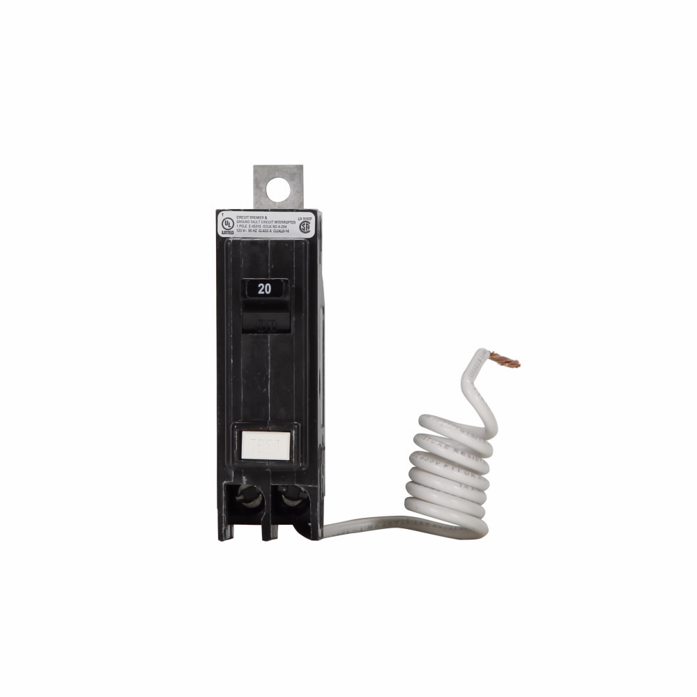 Eaton QB GFCI circuit breaker,Ground fault circuit breaker,20A,10 kAIC,Single-pole,120/240V,Non-Interchangeable,5 mA Trip sensitivity,#14?10 Cu, #12?10 Al,QBGF