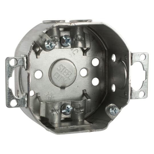 Octagon Box, 11.8 Cubic Inches, 3-1/2 Inch Diameter, 1-1/2 Inch Deep, 1/2 Inch and 3/4 Inch Knockouts, Galvanized Steel, For Use with Conduit
