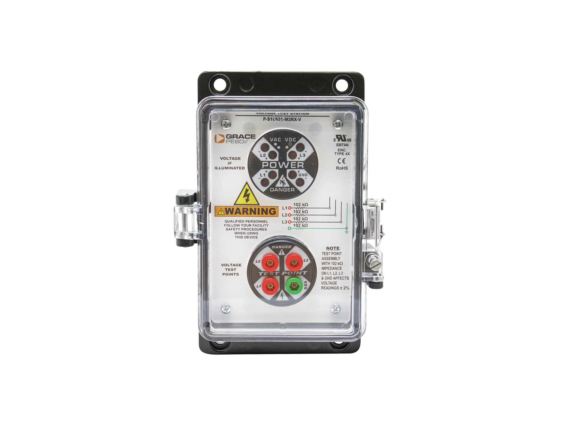 VOLTAGE TEST STATION WITH VOLTAGE INDICATOR AND SAFE TEST POINT, VERTICAL/FLANGE MOUNT, UL TYPE 4X HOUSING