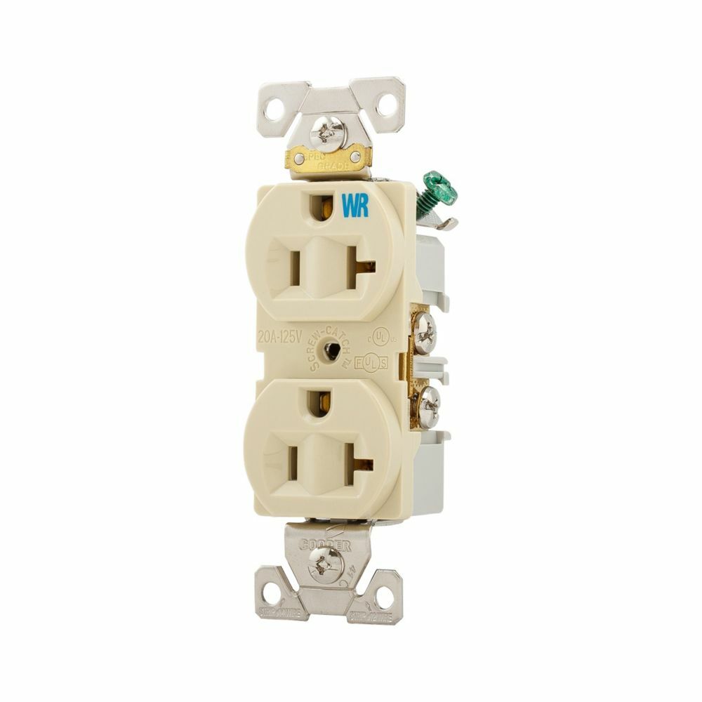 Eaton commercial specification grade duplex receptacle, #14-10 AWG, 20A, Commercial, Flush, 125V, Back and side, Ivory, Brass, Weather resistant, Impact-resistant nylon face, Glass-filled nylon base, 5-20R, Duplex, Screw, Nylon, Core pack
