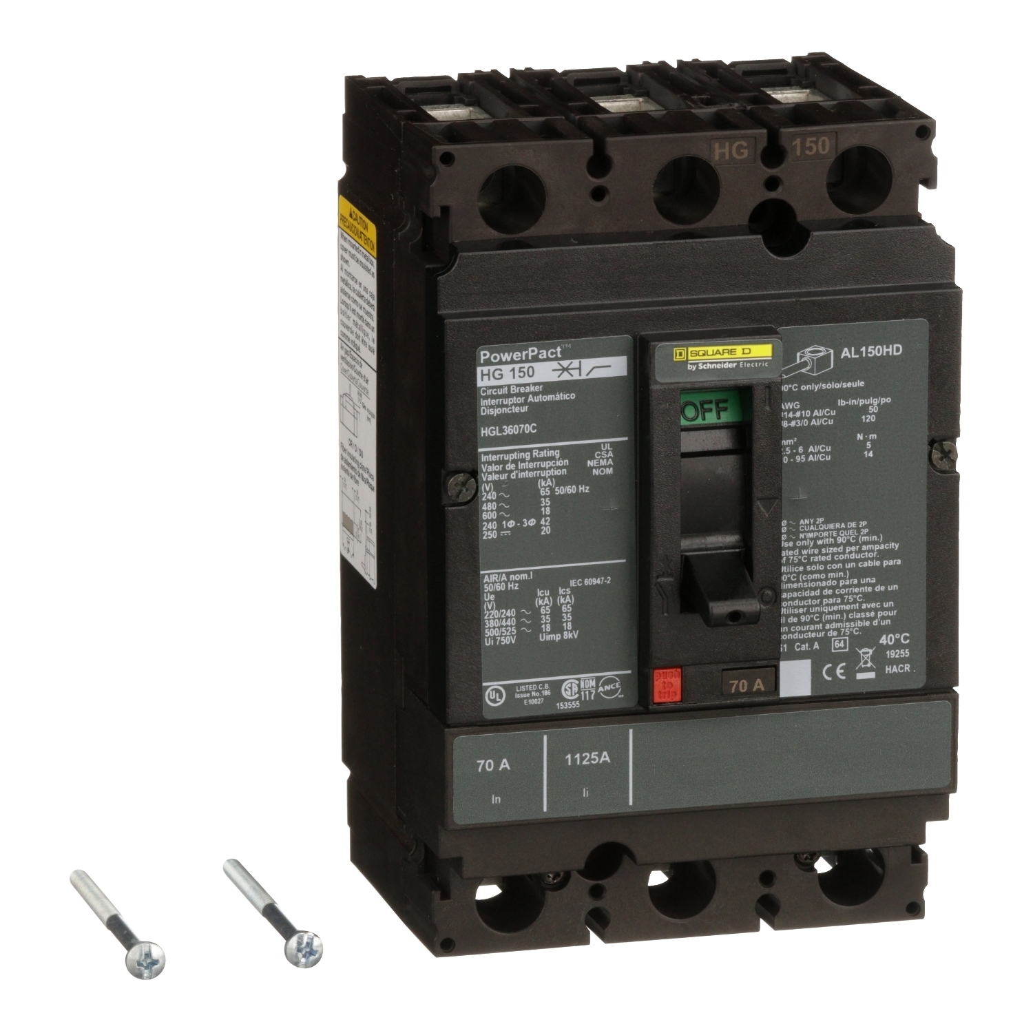 Circuit breaker, PowerPacT H, 70A, 3 pole, 600VAC, 18kA, lugs, thermal magnetic, 100%
