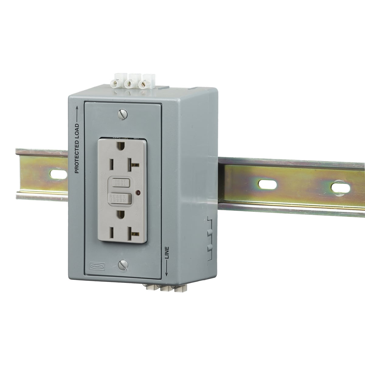 DIN Rail Utility Box, Complete Unit- GFCI, with Aux Contact, DIN Rail Box, 20A GFCI, Gray.