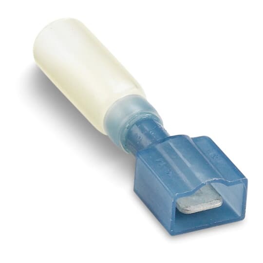 Heat-Shrinkable Fully Insulated Male Tab, Length 1.75 Inches, Maximum Insulated .200, Tab Size .250x.032, Wire Range #16-14 AWG, Color Blue, Copper, Tin Plated