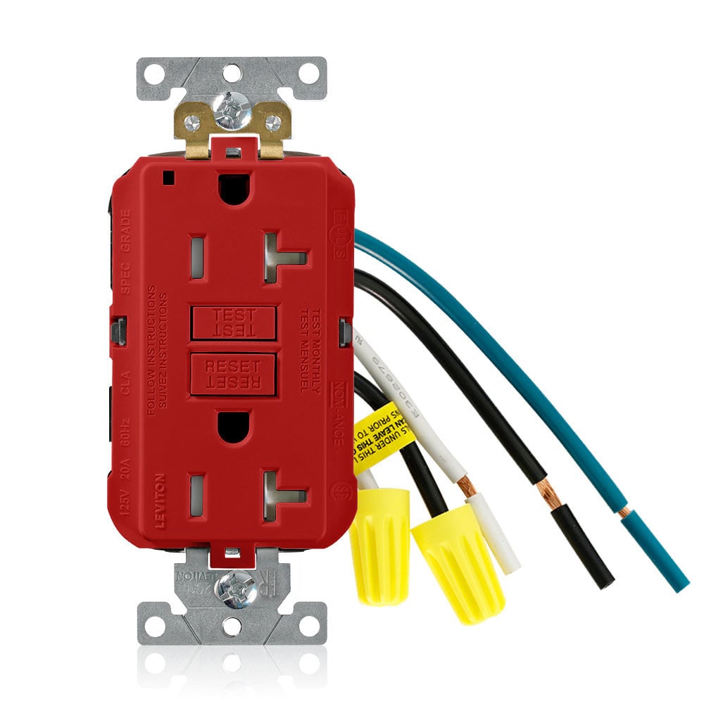 Self-Test, Leaded, Tamper Resistant, Fed-Spec Slim GFCI Receptacle, NEMA 5-20R 20A-125V @ Receptacle, 20A-125V Feed-through, Enclosed Terminals,  Lighted, Red, W/Red Test And Reset Button.