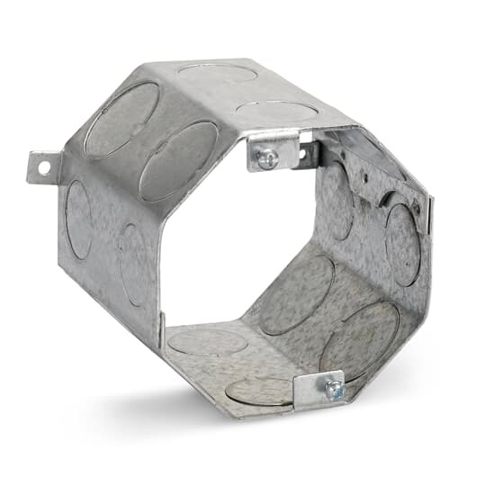 Octagon Concrete Box, 47 Cubic Inches, 4 Inch Diameter x 4 Inch Depth, 3/4 Inch and 1 Inch Knockouts, Pre-Galvanized Steel, Drawn Construction, For use with Conduit